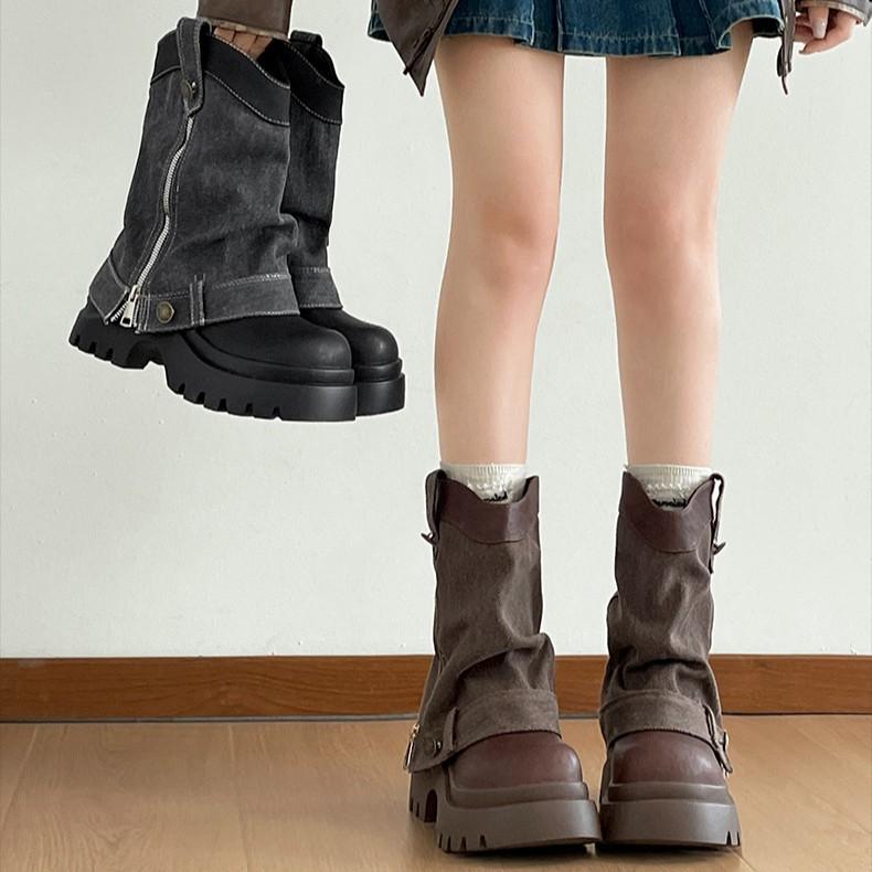 Queen Fan Brown British Style Platform Martin Boots Women's 2025 New Autumn Slimming and Heightening Pants Short Boots