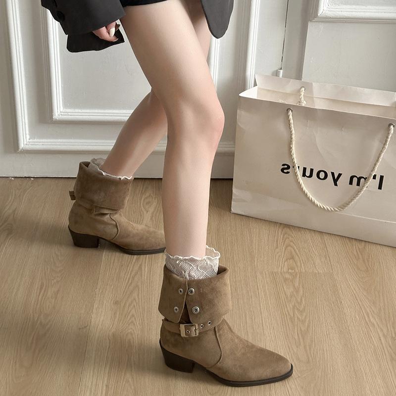 Retro belt buckle pointed middle boots thick heel autumn and winter fashion thick sole, thin and high casual western cowboy boots