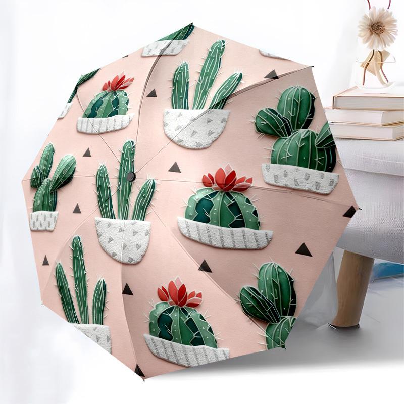 1pc Cactus Pattern Automatic Folding Umbrella, Heavy Duty 8 Rib Iron Frame,  Suitable for Travel, Daily Use, Birthday, Decor Gift  65