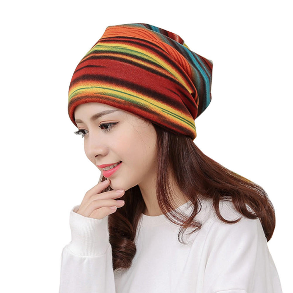 Women Stripe Hat Ruffle  Hat  Scarf  Collar Turban Head Wrap Cap
