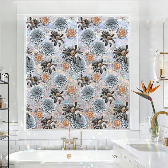 Stained Glass Window Film Colorful Rainbow Decorative Window Sticker Privacy Glass Sliding Door Clings Sun Blocking Static Decals for Bathroom Bedroom