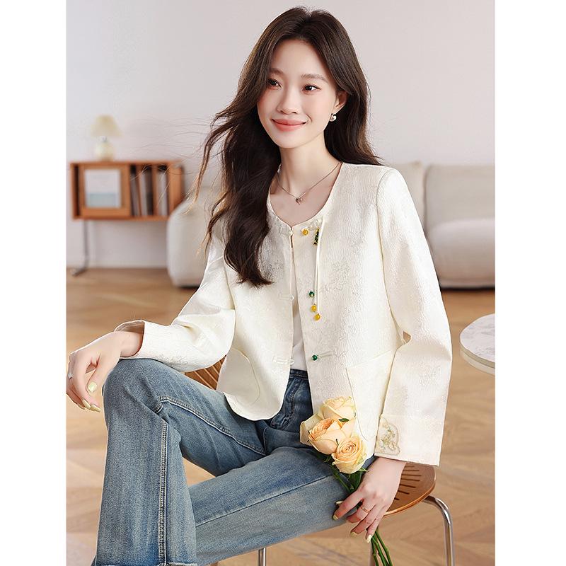 Chic New Women's Chinese-Style Jacket: Spring/Autumn Slim Fit White Embroidered Top