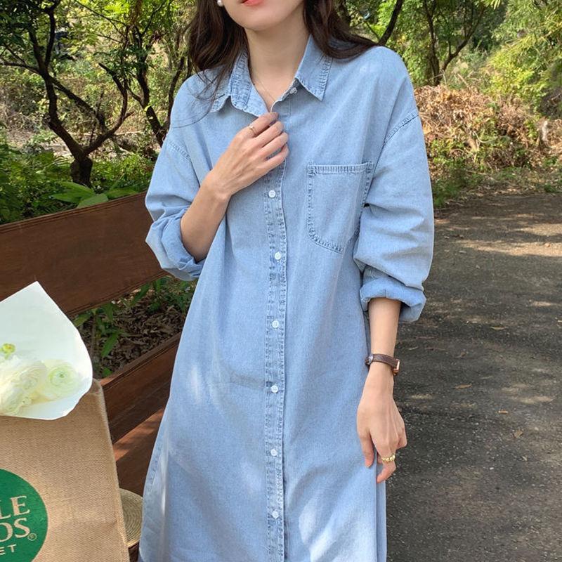 

Korean Autumn Denim Long Sleeve Lapel Shirt Dress for Women 3XL темно-синий