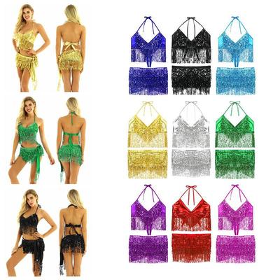 Kadın Parlak Payetli Göbek Latin Püsküllü Dans Kıyafeti Halter Crop Top Püsküllü Eteklerle Karnaval Rave Parti Kostümü