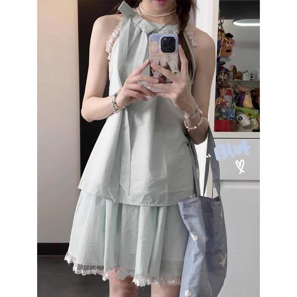 

Ретро Синий Кружевной Топ-Халтер и Миди-Юбка с Завышенной Талией для Женщин XL (for 55-60 kg)