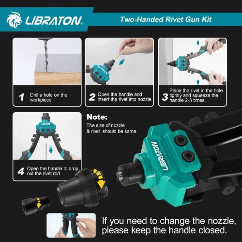 LIBRATON Hand Riveter Set with 250 Blind Rivets (2.4/3.2/4.0/4.8/6.4mm), 5 Nosepieces, and 5 HSS Drill Bits