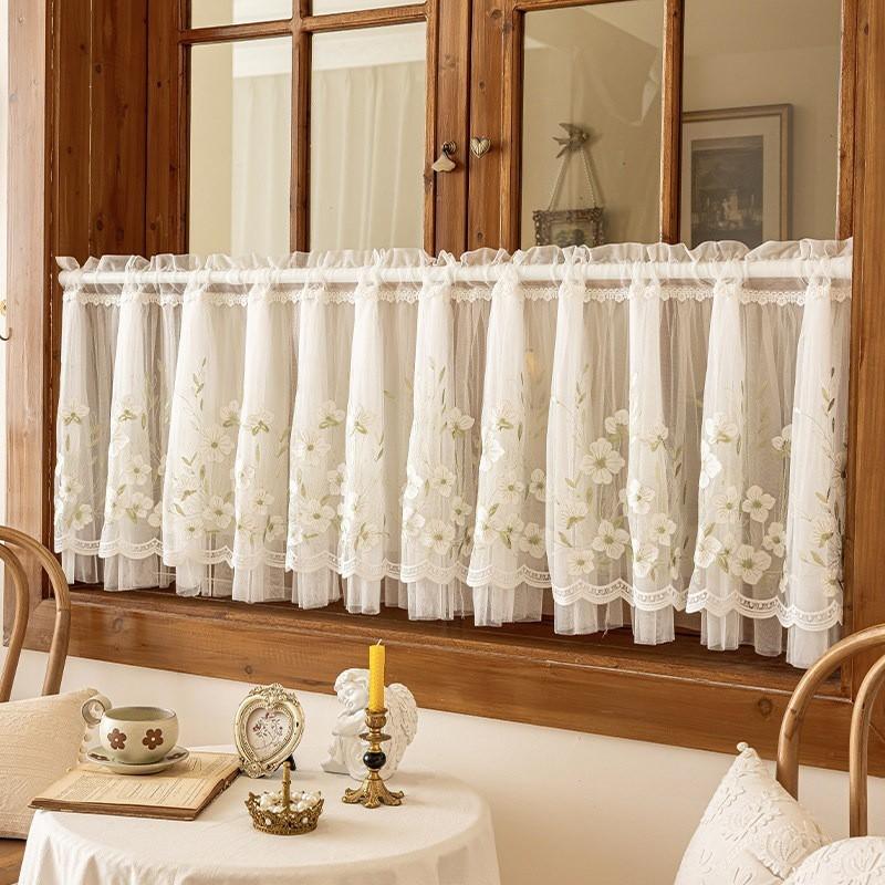 Lace Sheer Curtain Kitchen Door Window Decor French Style Semi-Sheer Short Panel No Drill Installation