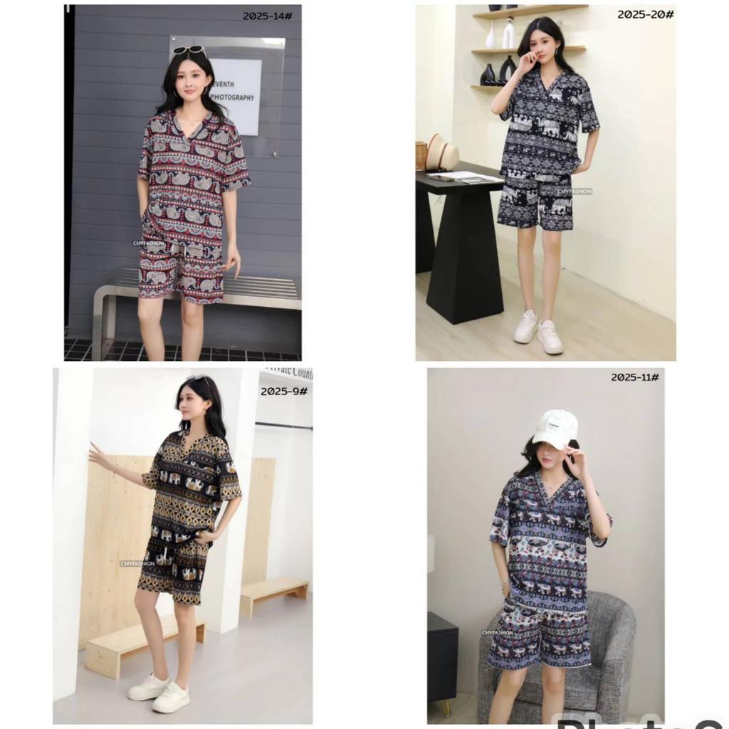 Elephant Pants Shorts Shirt Set V-neck Crop Top Short Sleeve Adjustable Elastic Waistband Strap Women Print Casual Boho Bohemian Retro Vintage