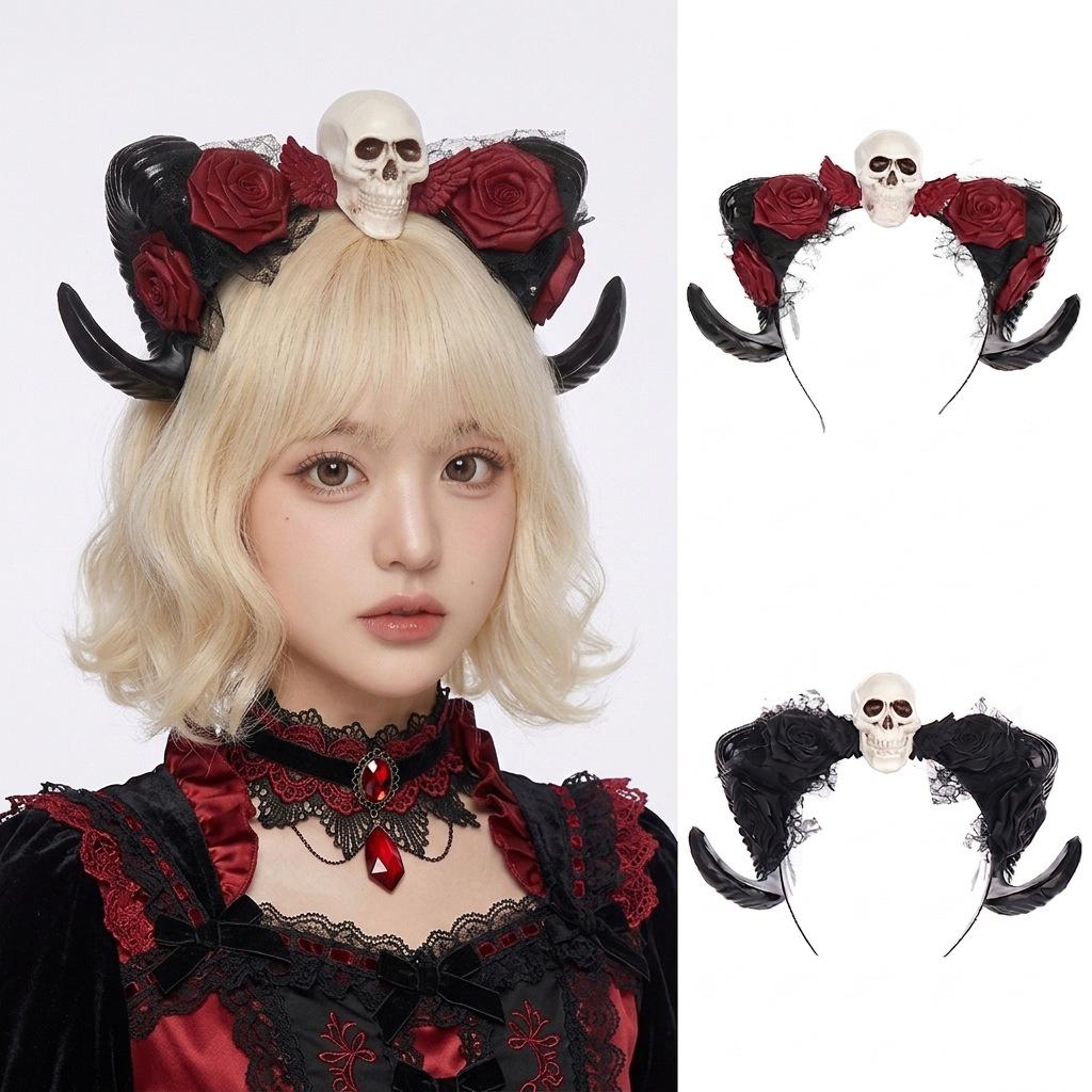 Gothic Ram Horns Headband with Red Rose - Halloween Demon Costume Accessory