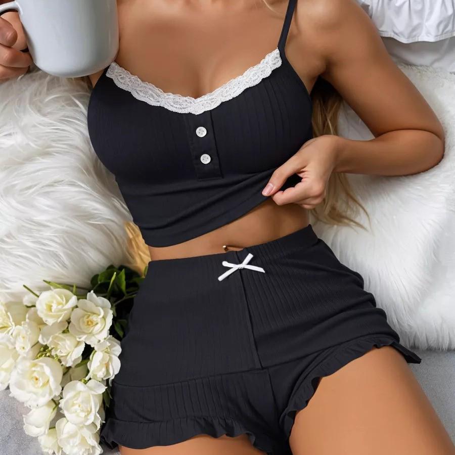 Lace Trim Camisole & Shorts Set for Women - Sexy Casual Sleepwear for Teens, Trendy European & American Style