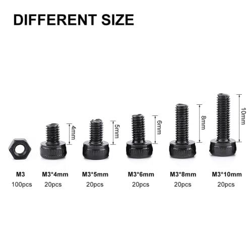 Hilitand M3 Hex Socket Head Bolt and Nut Kit, 4/5/6/8/10/12/16/20/25mm, 12.9 Strength Alloy Steel, 280 Pieces, Black, DIN912