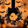 Black Halloween Wreath for Front Door, 9 Inch Pumpkin with Hanging Velvet Bow Home Porch Holiday Party Window Wall Decor Backdrop