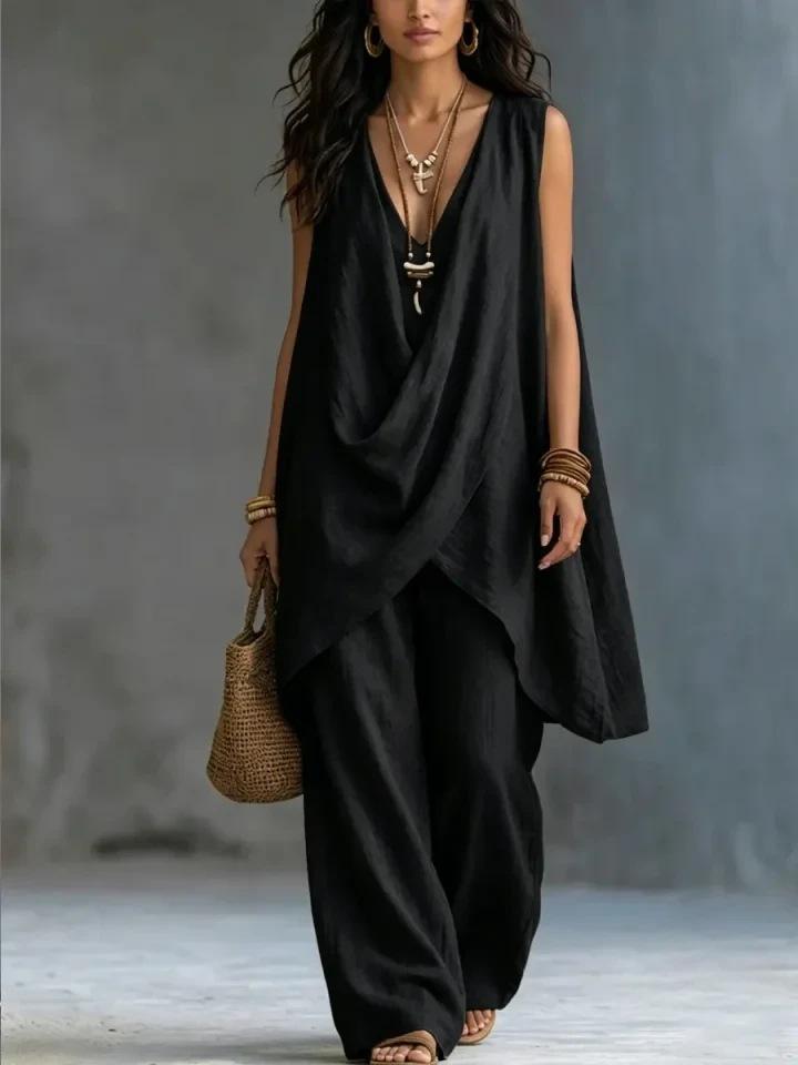 2026 spring and summer cross-border new Amazon women's sleeveless stand-up collar solid color temperament loose cotton and linen fashion style suit