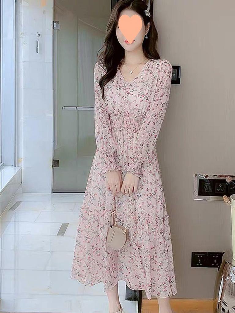 Floral Print Chiffon Dress Long Dress Women Spring New Korean Style Fairy Dress Ruffled Maxi Skirt