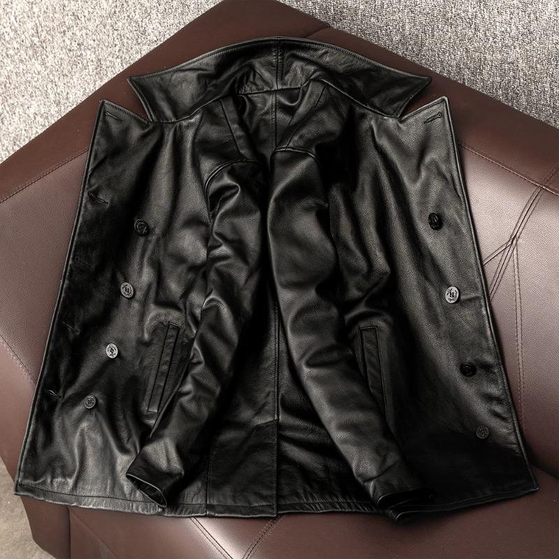 Mens Mid Length Trench Coat Genuine Top Grain Leather Jacket Big Size Business Casual Dad Outerwear