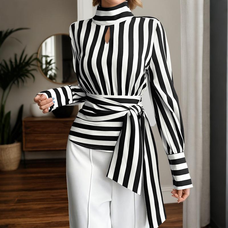 

ZANZEA Women Casual Turtleneck Loose Long Sleeve Stripe Blouse S чёрный