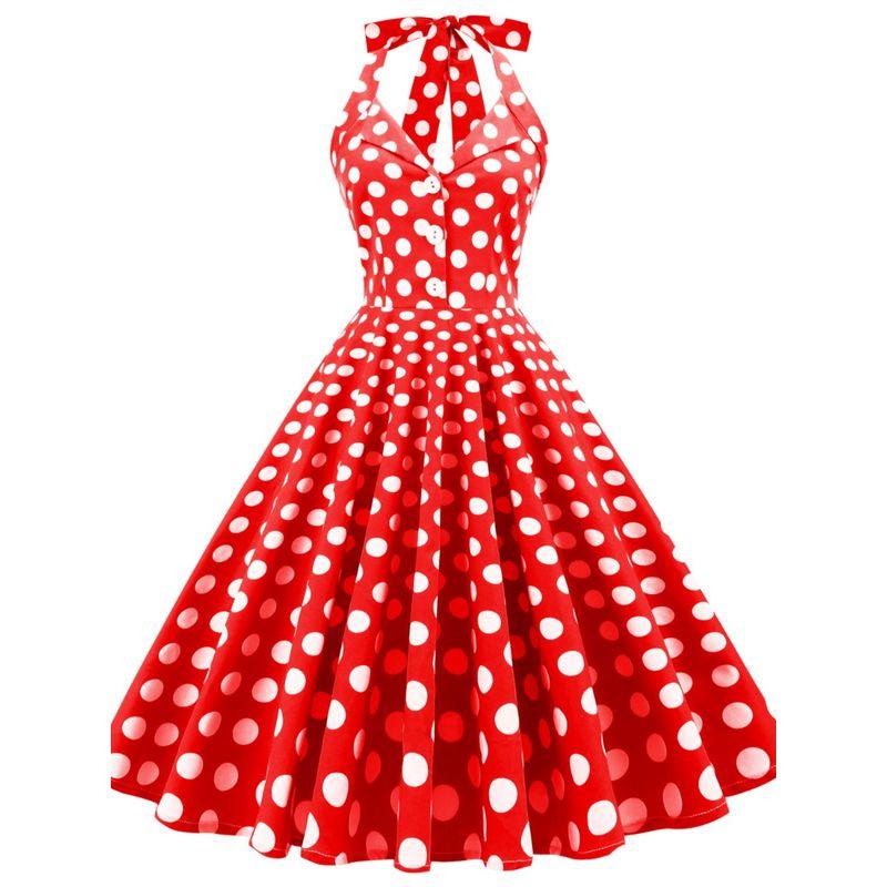 Elegant V-Collar Polka Dot Backless Slim Fit Dress Halterneck
