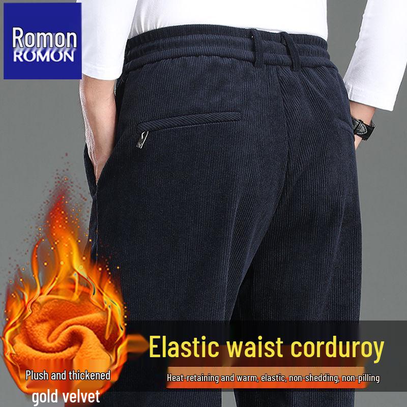 Romon Men's Fleece-Lined Corduroy Pants, Thickened Elastic Waist, Autumn/Winter Warm Casual Style.
