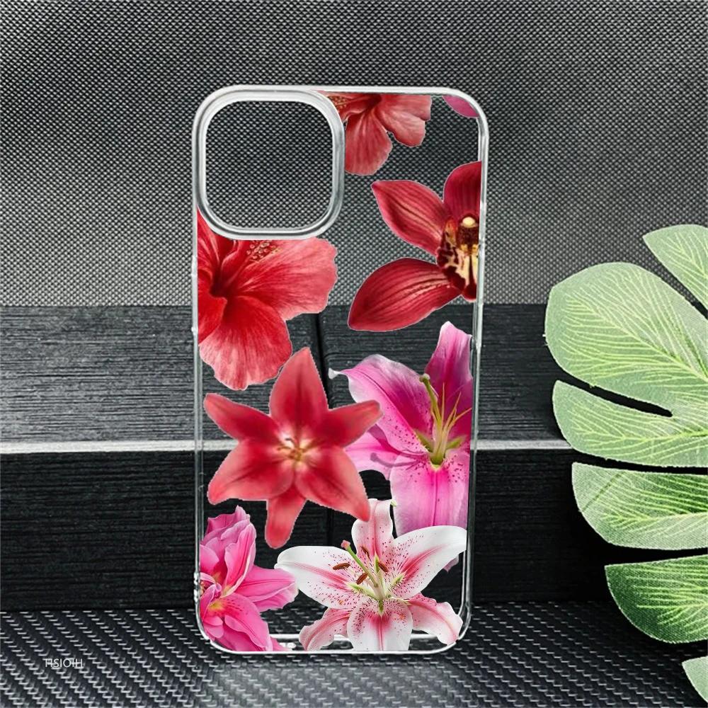 Realistic Pink Lily Flower Print Phone Case For iPhone 13 16 14 Pro 15 12Mini 11 XR XS Max 7 8Plus Cute Clear Soft TPU Cover Bag