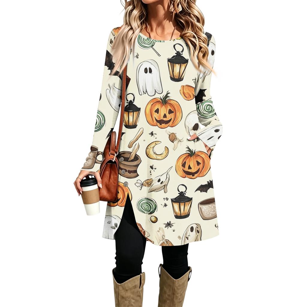 Women's Casual Long Sleeve Printed Round Neck Dress for Everyday Wear