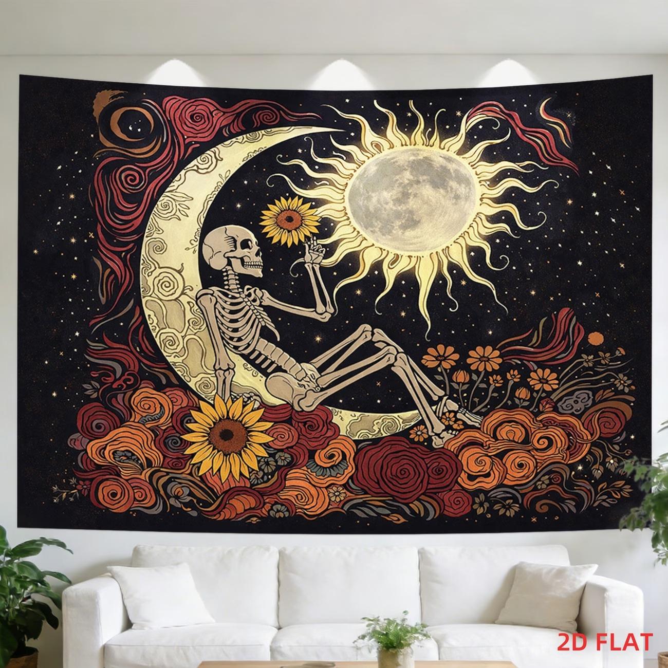 Dark Boho Tapestry Skull Wall Art Vintage Mexican Design with Roses and Sunflowers for Aesthetic Room Decor 100X70CM