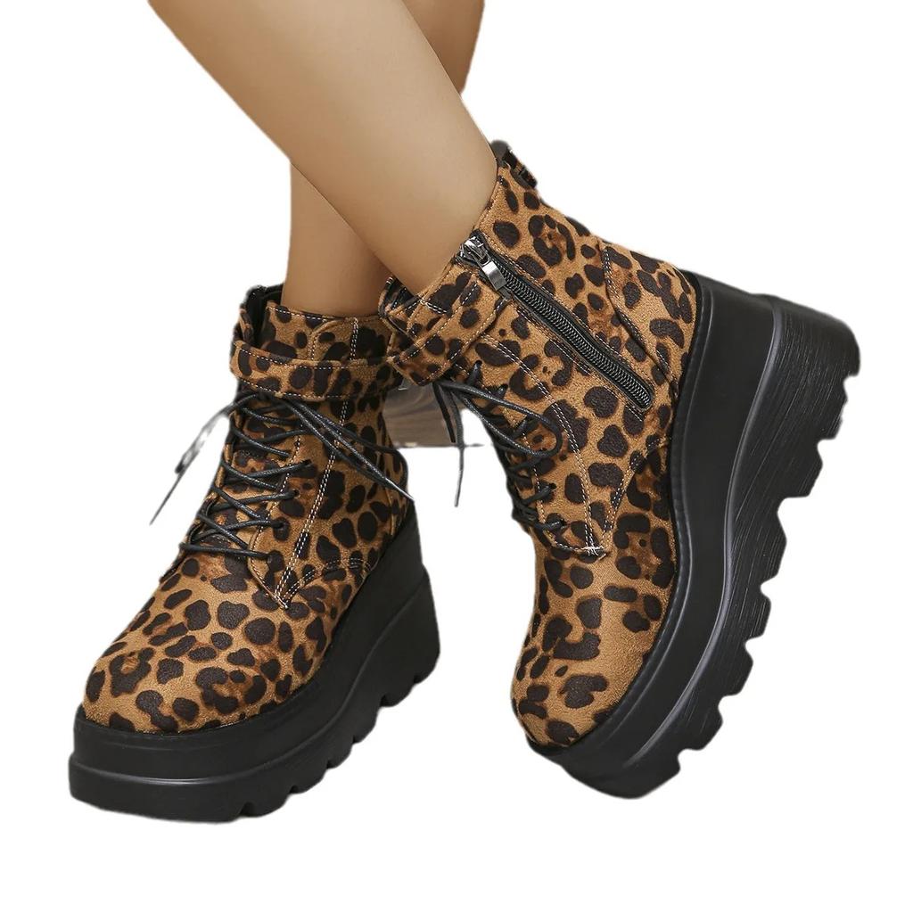 Fashion 2025 Ladies Shoes Large Size Ankle Women's Boots High Heel Modern Boots Women Leopard Side Zip Front Lace-up Wedge Female Shoes