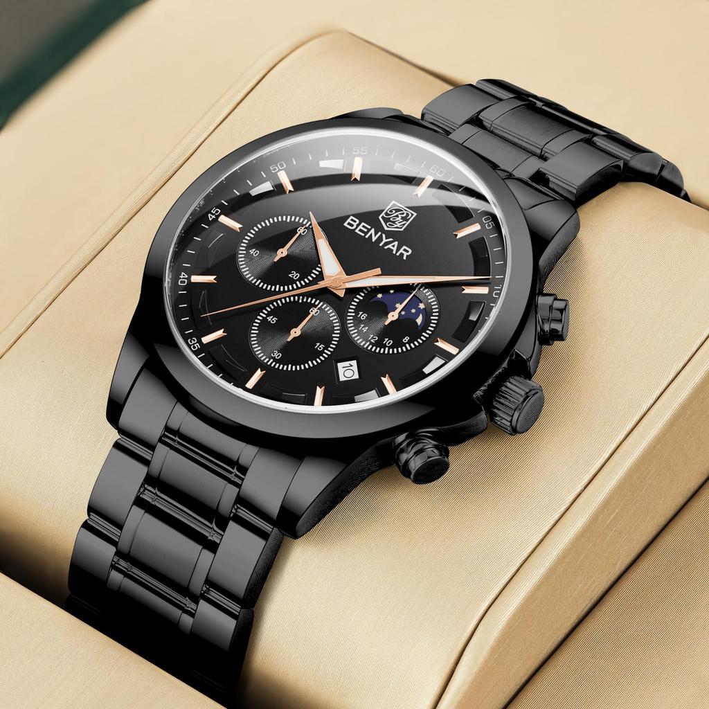BENYAR Business Leather Analog Waterproof and Scratch Men's Watch, Multi-Calendar, Chronograph, Formal, Strap, Watch, Resistant, Black.