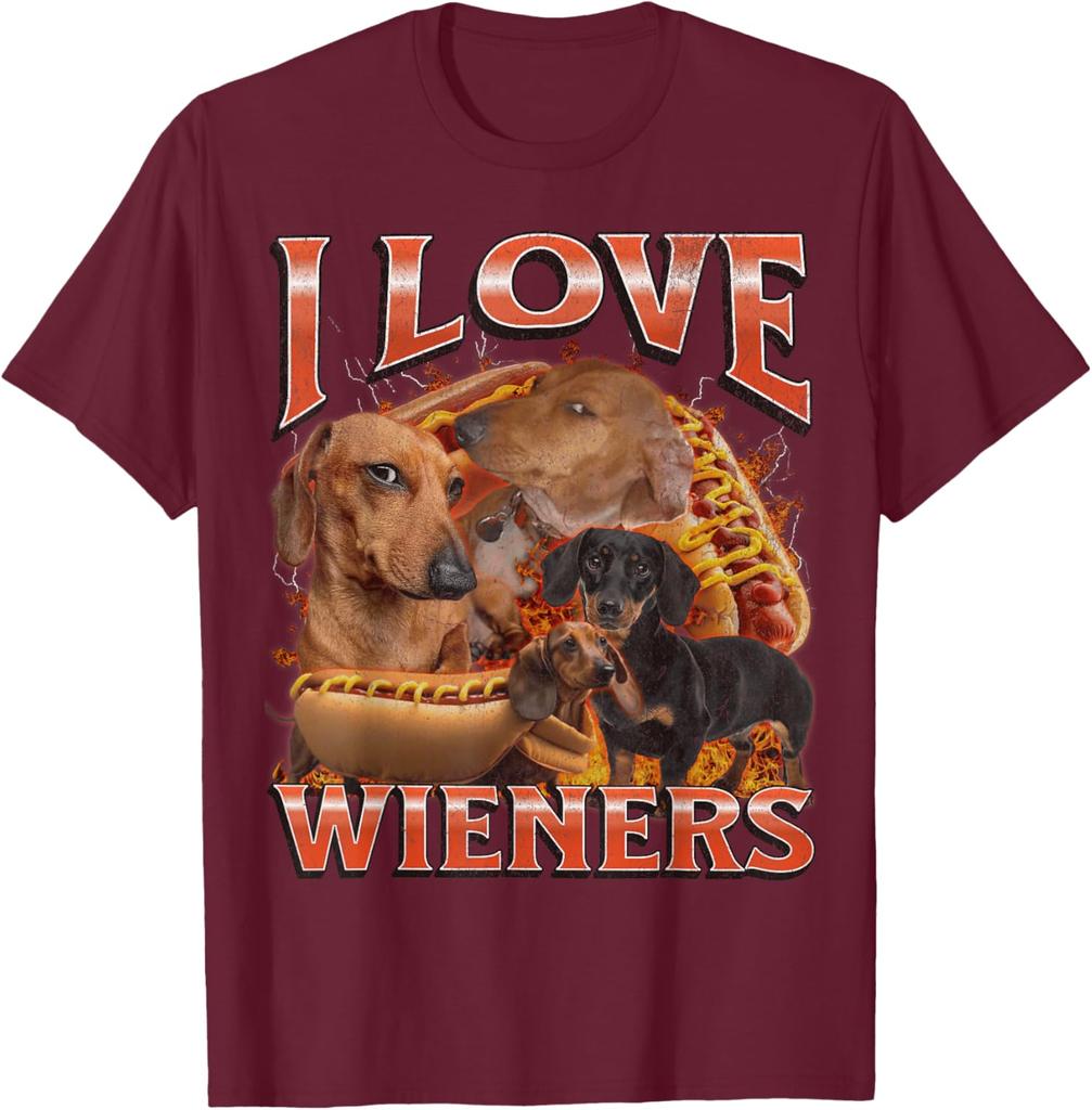 I Love Wieners Dachshund Dog Hot Dog Graphic Tee Funny Casual Cotton Short Sleeve T-Shirt Pets Owner Walking Outdoor