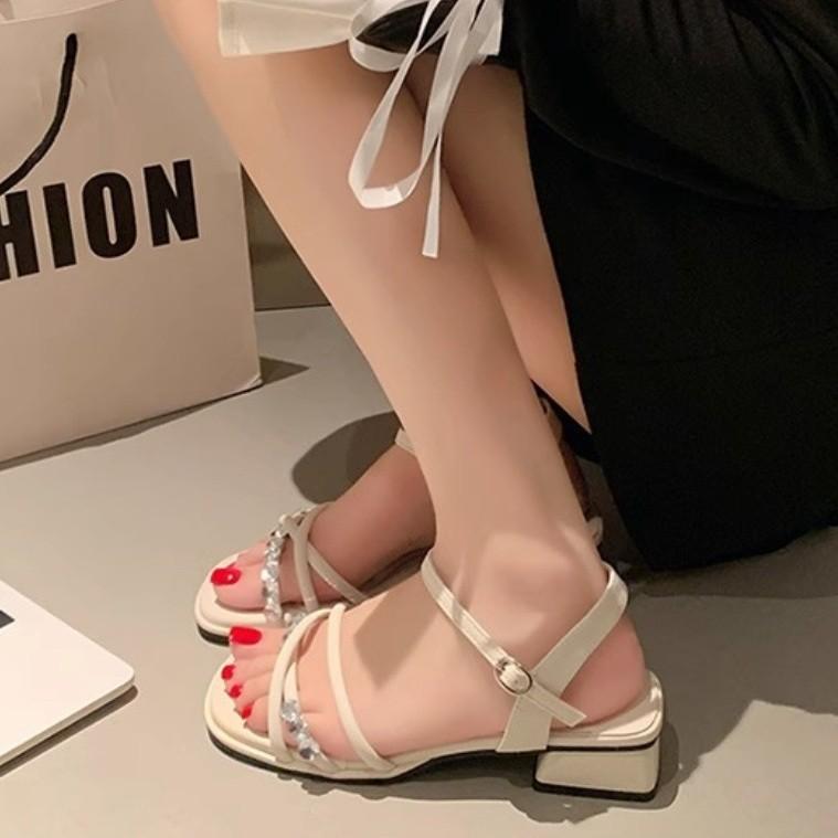 2025 new French rhinestone fashion sandals for women wear thick heels with skirts in summer with beautiful one-strap Roman shoes