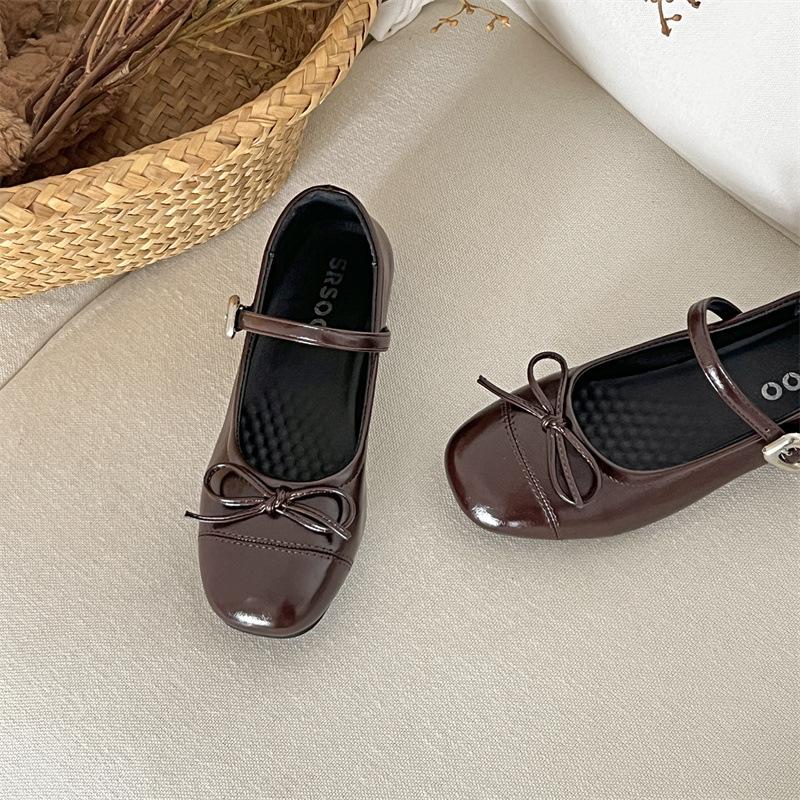 Round Head Bow Flat Sole Shoes Women's Summer New Versatile Small Leather Shoes Shallow Mouth Mary Jane Skirt