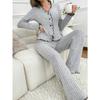 Women Brushed Striped Open Front Long Sleeve Pajama Set Casual Comfortable Home Loungewear