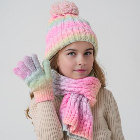 3Pcs/Set Kid Hat Scarf Gloves Set Rainbow Color Plush Ball Decor Knitted Hat Windproof Scarf Gloves Set Winter Accessories