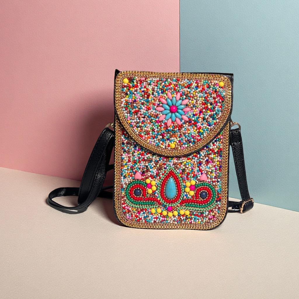 Women's Small Crossbody Cell Phone Bag Boho-Style Colorful Beaded Purse Wallet with Handmade Patterns Lightweight Cell Phone Shoulder Bag for Women