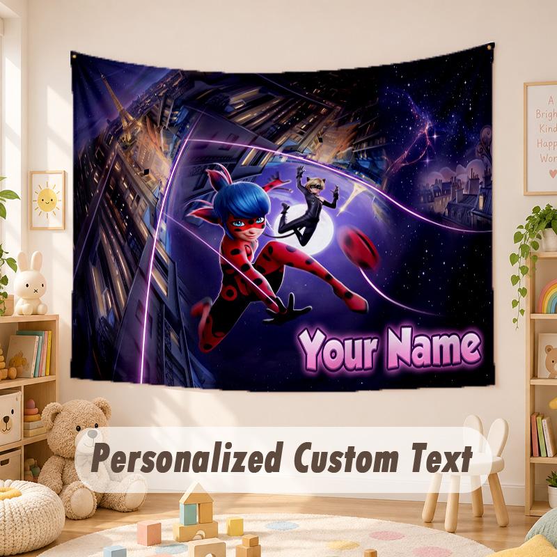 Arazzo con Testo Nome Personalizzato, Appeso a Parete Boho Miraculous Ladybug, Arazzo Decorativo di Sfondo Per Stanza