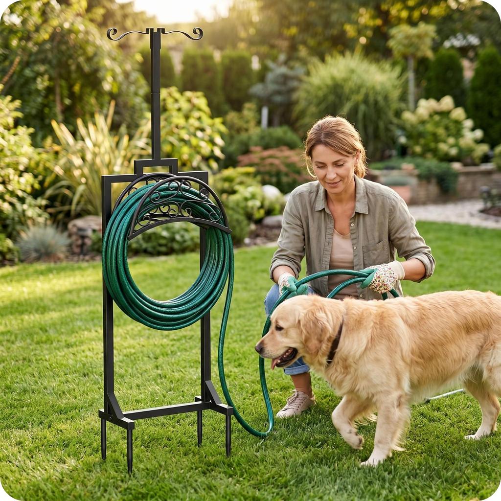 Garden Hose Holder with Spikes Decorative Scrollwork Freestanding Pointed Stakes Yard