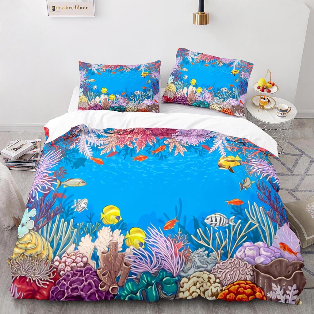 Underwater World King Queen Duvet Cover Cartoon Ocean Animal Bedding Set For Kids Fish Coral Sea Life Soft Polyester Quilt Cover