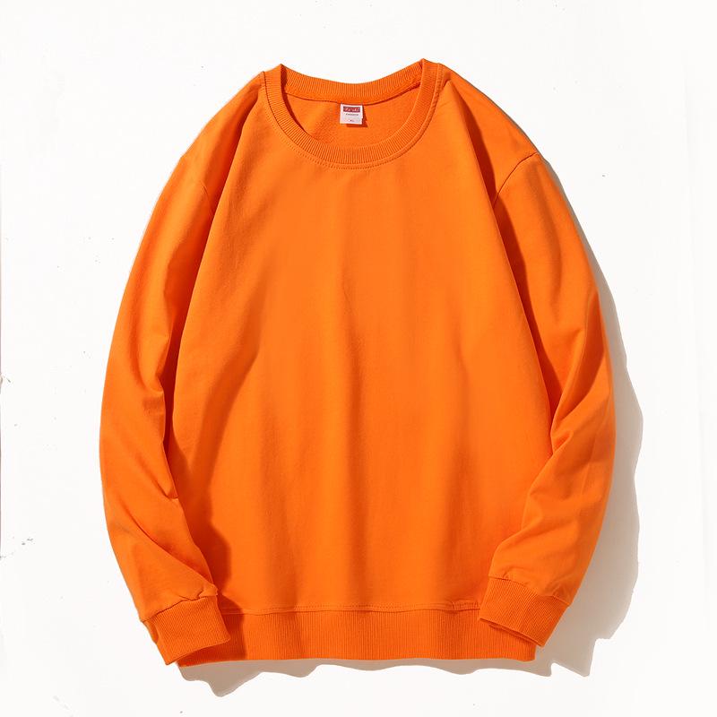 Spring Crew Neck Sweatshirt: Drop Shoulder, Solid Color, Long Sleeve, Logo-Printed Workwear.