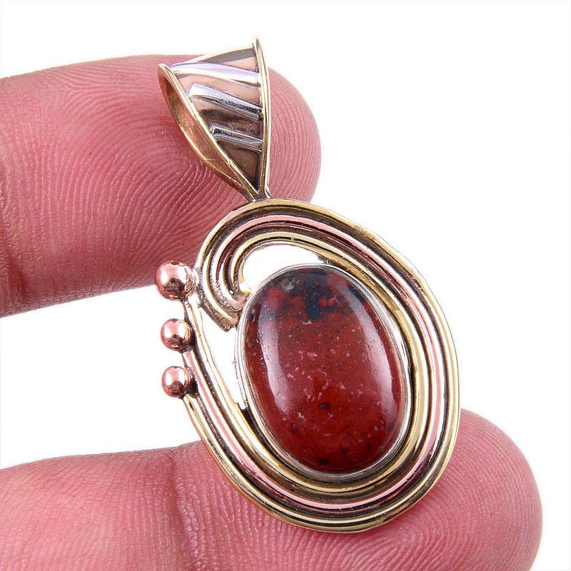 

Natural Bloodstone Gemstone 925 Solid Sterling Silver TwoTone Pendant 1.50 B4o29
