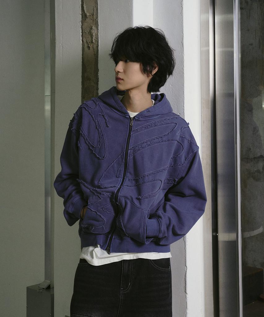 Travel Logo Applique Pigment Zip-Up Hoodie Blue Shadow