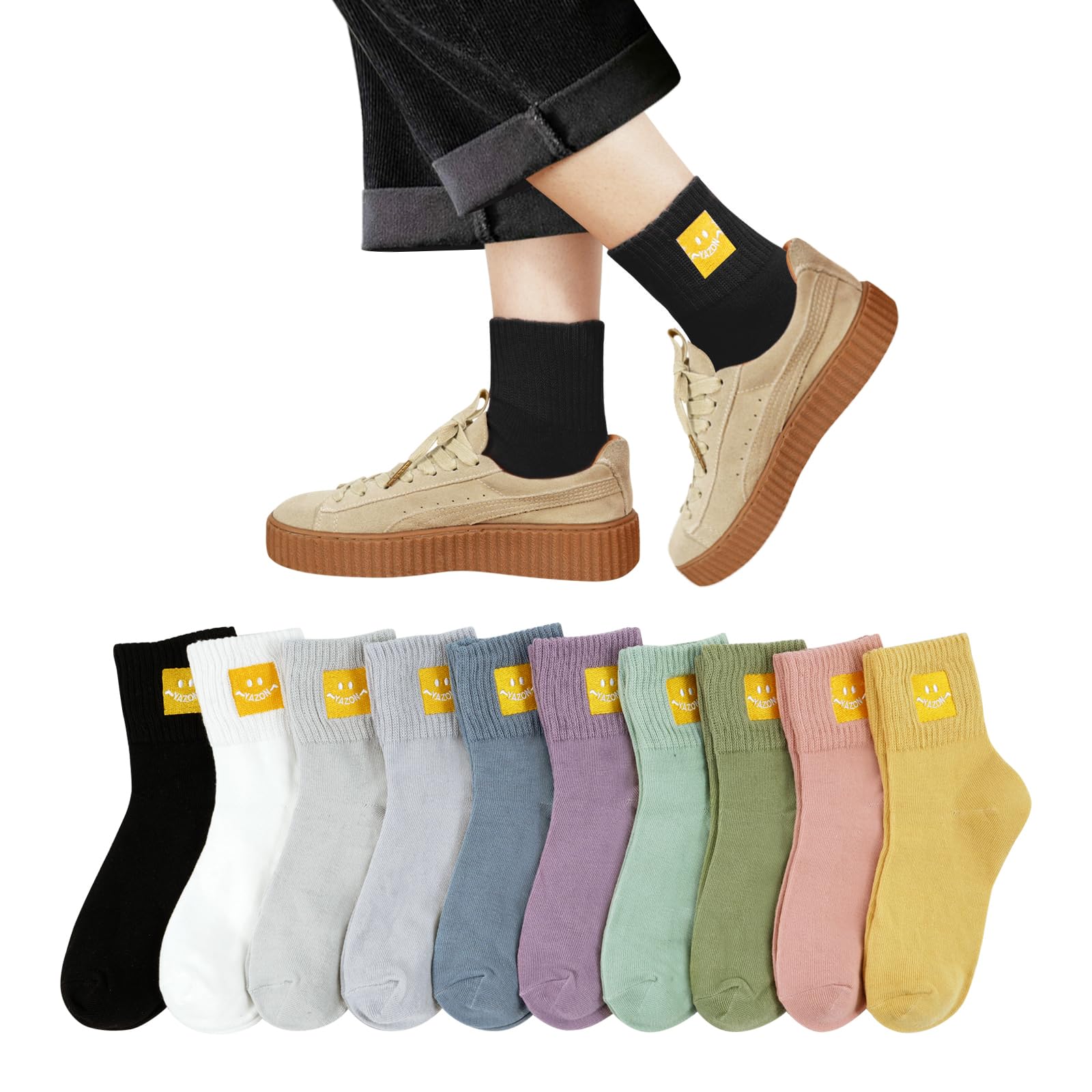 

Yazon Милые хлопковые цветные носки с улыбкой для прохладной для теплой для и средней длины Вышитый узор Женские носки, набор из 10 пар, Носки, Женские, Летние,