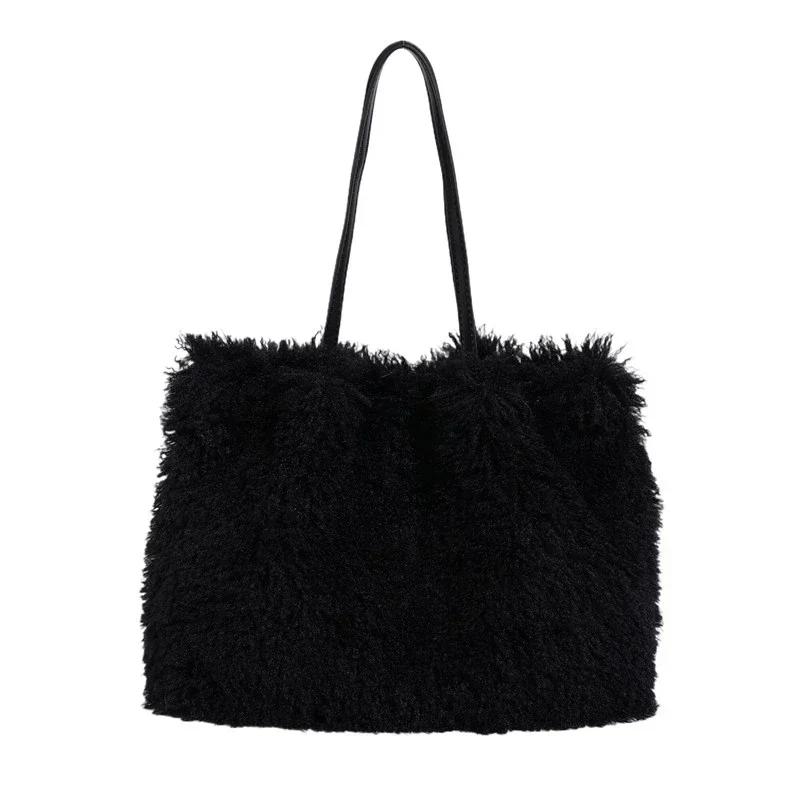New large capacity solid color fur handbag for women trendy fashion casual single shoulder feminine bags