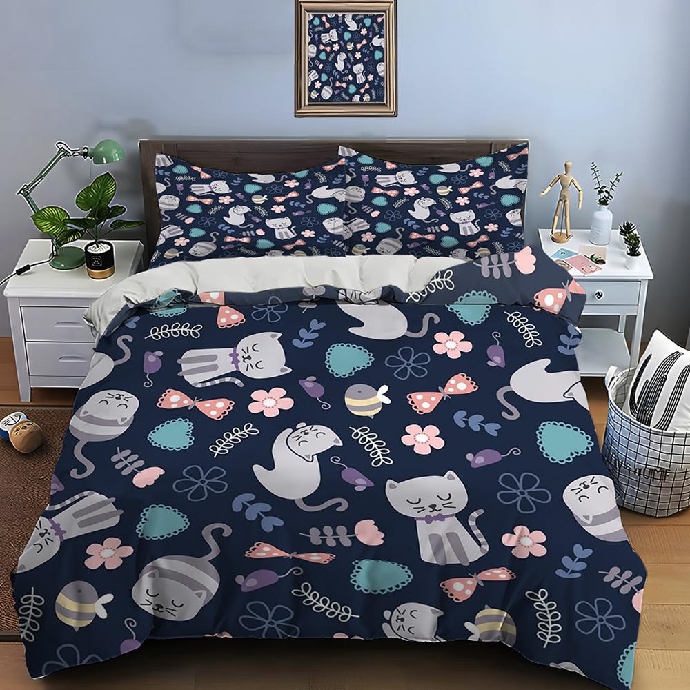 Cute Cartoon Cats Print Bedding Set Duvet Cover 1 Duvet Cover 2 Pillowcases Adult and Children Bedding Set Luxury Comforter Set