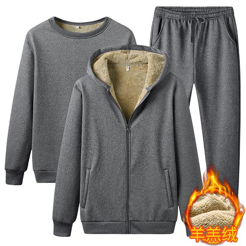 Men Hooded Running Sets Hoodies Jacket+Pants Casual Sweat Sportswear Jogging Suits Winter Thick Warm Lamb Wool Tracksuit