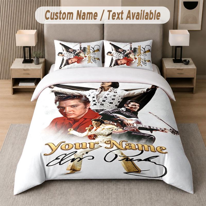 Set Biancheria da Letto Personalizzato Modello Elvis Presley, Stampa Nome Testo 1 Copripiumino più 2 Federe Tessile per la Casa