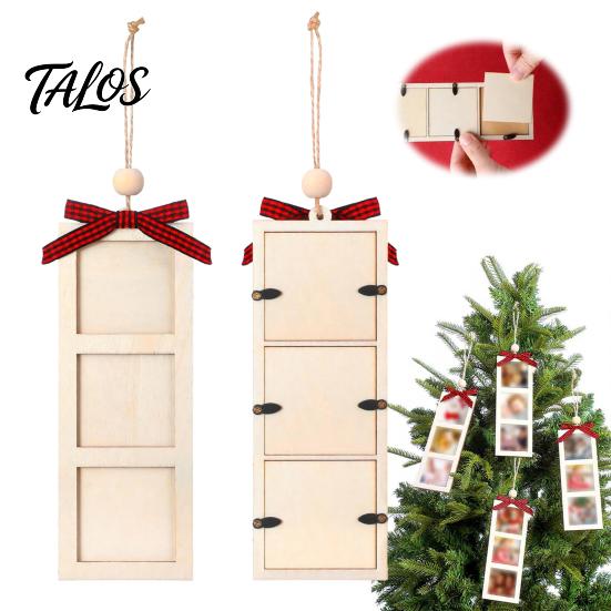 Xmas Hanging Decoration for Home Christmas Wooden Photo Frame Ornament, DIY Picture Holder with Craft Ornament Party Ribbon Bow, Holiday Tree