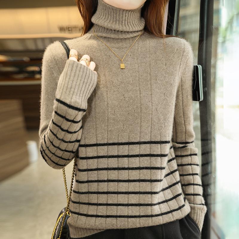 2026 A/W Women's High Neck 100% Wool Patchwork Sweater - Thick, Slim Fit, Versatile Knitwear