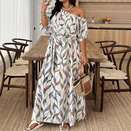 Damen Floral Ein Schulter Maxikleid Kurzarm A-Linie Schwingend Langes Kleid Formell Abendparty Hochzeitsgast Kleid mit
