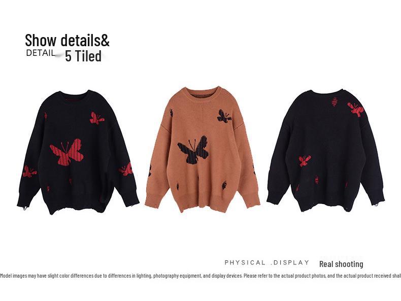 XHK2568 Plus Size Women's Winter Sweater - Hollow Out Butterfly Design, Soft and Cozy
