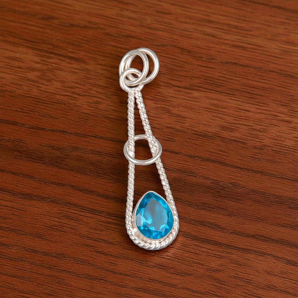 Swiss Blue Topaz Gemstone 925 Sterling Silver Jewelry Handcrafted  Pendant 1.78" PP-21-2