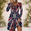 Women Cross V Neck Long Sleeve Dress Red Blue Silver Star Sequin Print Irregular Hem Dress
